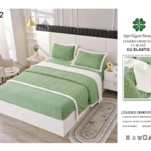 Lenjerie Crosetata Tip Tricotaj, cu Blanita, 4 Piese, cu Elastic, Verde Deschis-SEP5536