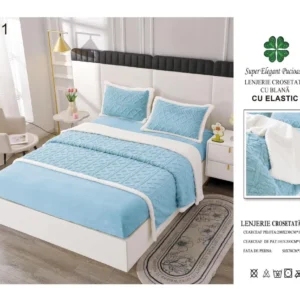 Lenjerie Crosetata Tip Tricotaj, cu Blanita, 4 Piese, cu Elastic, Bleu-SEP5535