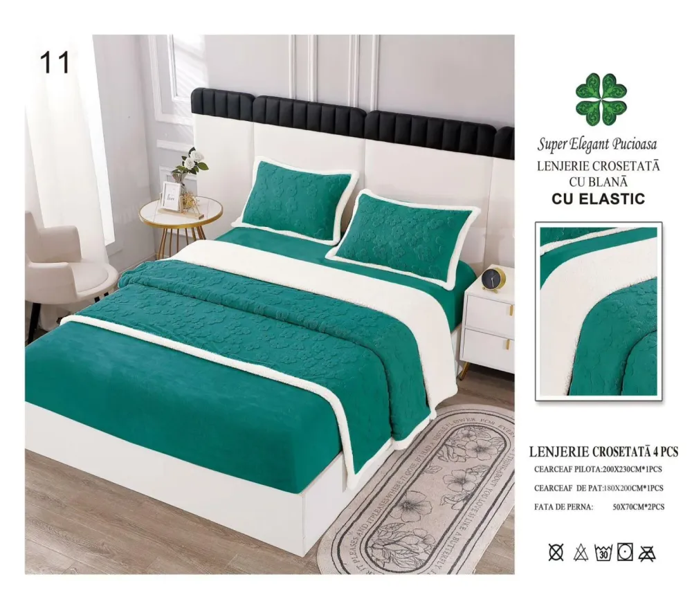 Lenjerie Crosetata Tip Tricotaj, cu Blanita, 4 Piese, cu Elastic, Verde-SEP9111