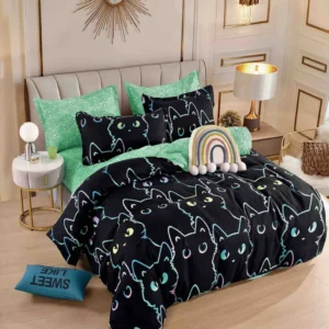 Lenjerie Finet 4 Piese 1 Persoana, Negru/Pisicute-C7648