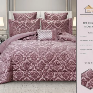 Lenjerie Jacquard Luxury cu Pilota Inclusa, Cearceaf pat cu Elastic, 7 piese, Roz Inchis