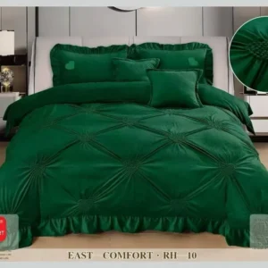 Lenjerie Luxury din Catifea, 6 Piese cu Inimi Brodate si Volanas, Verde-D9219