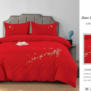 Lenjerie Luxury din Finet Superior, 4 Piese, cu Broderie, Rosu-SEP10680