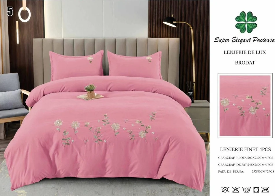 Lenjerie Luxury din Finet Superior, 4 Piese, cu Broderie, Roz Bonbon-SEP10675