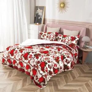 Lenjerie pat cocolino 2 persoane, 4 piese - flori rosii