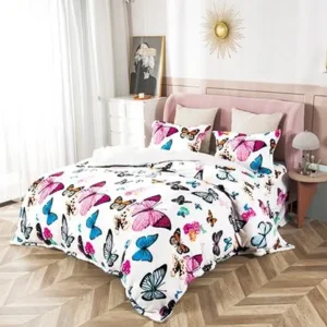 Lenjerie pat cocolino 2 persoane, 4 piese - model fluturi colorati