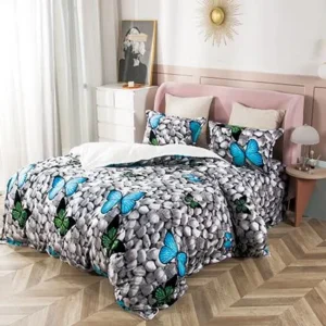 Lenjerie pat cocolino 2 persoane, 4 piese - model pietre cu fluturi