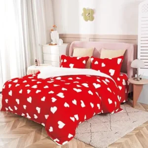 Lenjerie pat cocolino 2 persoane, 4 piese - rosie cu inimi albe