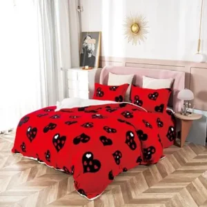 Lenjerie pat cocolino 2 persoane, 4 piese - rosie cu inimi negre