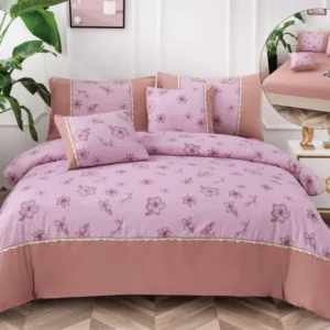 Lenjerie Pat Dublu Bumbac Fin, 6 Piese, cu Elastic, Roz/Floricele-A6502
