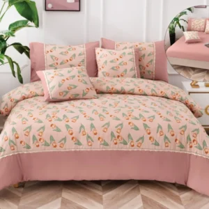 Lenjerie Pat Dublu Bumbac Fin, 6 Piese, cu Elastic, Roz/Lalele-A6496
