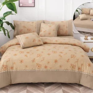 Lenjerie Pat Dublu Bumbac Fin, 6 Piese, cu Elastic, Bej/Floricele-A6499