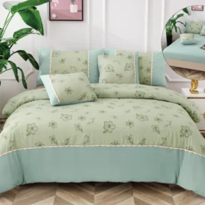 Lenjerie Pat Dublu Bumbac Fin, 6 Piese, cu Elastic, Verde/Floricele-A6500