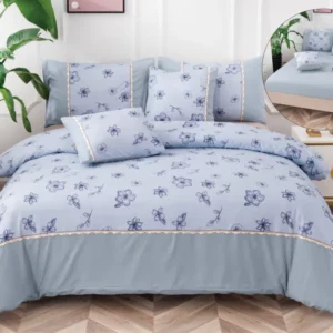Lenjerie Pat Dublu Bumbac Fin, 6 Piese, cu Elastic, Bleu/Floricele-A6501