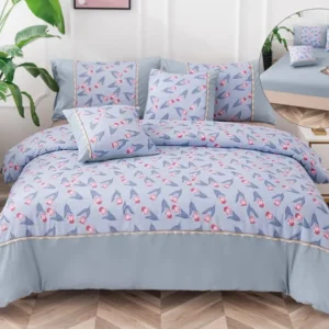 Lenjerie Pat Dublu Bumbac Fin, 6 Piese, cu Elastic, Bleu/Lalele-A6497