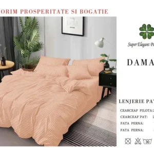 Lenjerie Pat Dublu din Bumbac Damasc, cu 6 Piese, Bej-SEP7026
