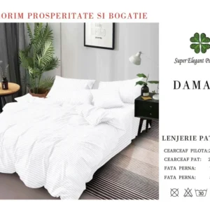 Lenjerie Pat Dublu din Bumbac Damasc, cu 6 Piese, Alb-SEP7035