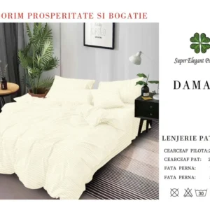 Lenjerie Pat Dublu din Bumbac Damasc, cu 6 Piese, Crem-SEP7030