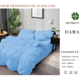 Lenjerie Pat Dublu din Bumbac Damasc, cu 6 Piese, Bleu-SEP7033