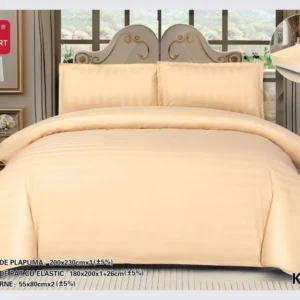 Lenjerie Pat Dublu din Bumbac Damasc, 4 Piese cu Elastic, Model Dungat, Crem-D7719