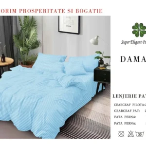 Lenjerie Pat Dublu din Bumbac Damasc, cu 6 Piese, Bleu-SEP7019