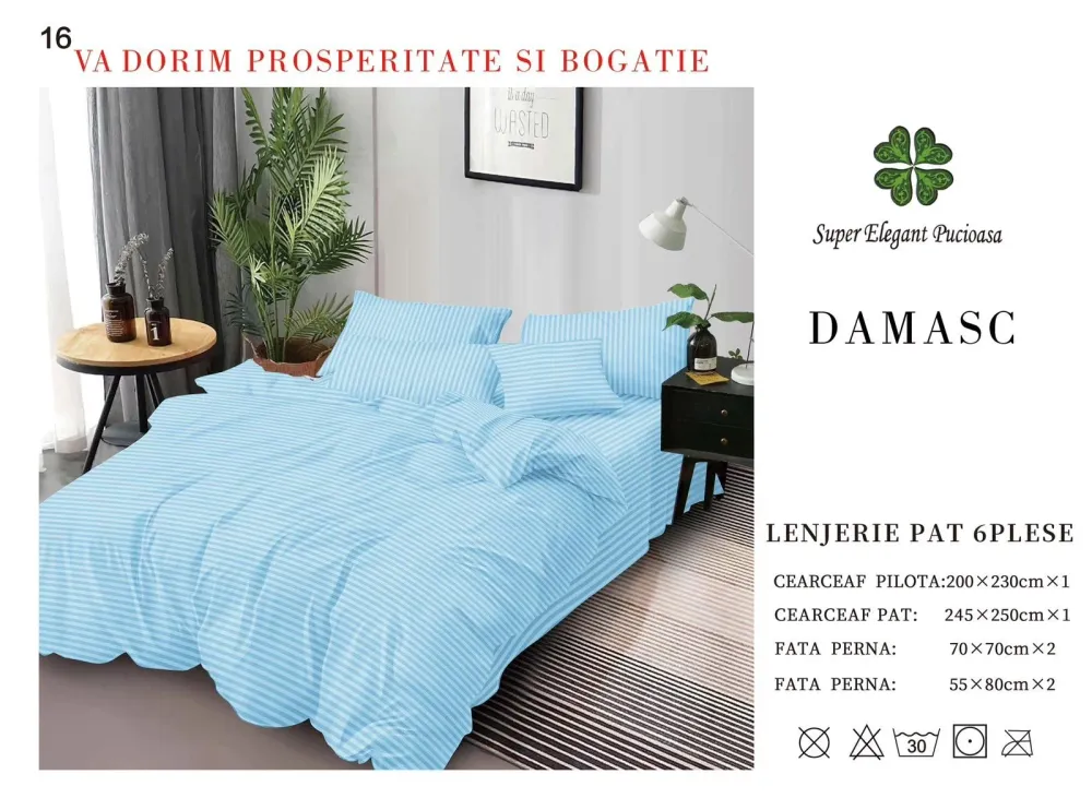 Lenjerie Pat Dublu din Bumbac Damasc, cu 6 Piese, Bleu-SEP7019