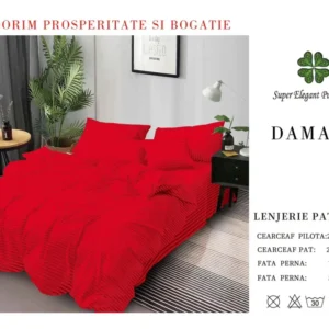 Lenjerie Pat Dublu din Bumbac Damasc, cu 6 Piese, Rosu-SEP7025