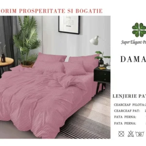 Lenjerie Pat Dublu din Bumbac Damasc, cu 6 Piese, Roz Inchis-SEP7034