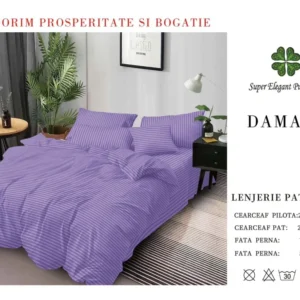Lenjerie Pat Dublu din Bumbac Damasc, cu 6 Piese, Mov-SEP7024