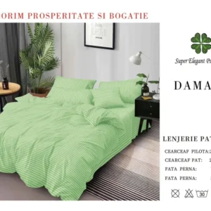 Lenjerie Pat Dublu din Bumbac Damasc, cu 6 Piese, Verde Deschis-SEP7028