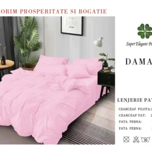 Lenjerie Pat Dublu din Bumbac Damasc, cu 6 Piese, Roz Deschis-SEP7021