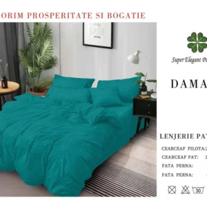 Lenjerie Pat Dublu din Bumbac Damasc, cu 6 Piese, Turcoaz-SEP7027