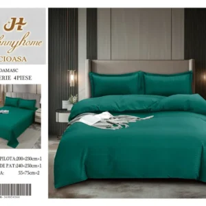 Lenjerie Pat Dublu din Bumbac Damasc, 4 Piese, Verde Smarald-H8265