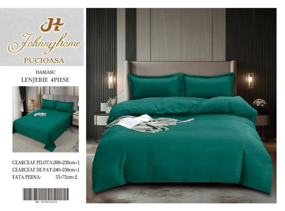 Lenjerie Pat Dublu din Bumbac Damasc, 4 Piese, Verde Smarald-H8265