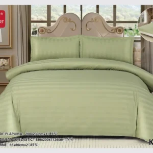 Lenjerie Pat Dublu din Bumbac Damasc, 4 Piese cu Elastic, Model Dungat, Verde Fistic-D7728