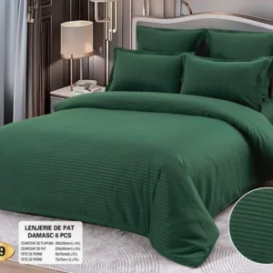 Lenjerie Pat Dublu din Bumbac Damasc, 6 Piese, Verde-D9221