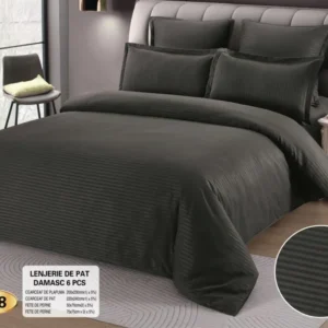 Lenjerie Pat Dublu din Bumbac Damasc, 6 Piese, Gri Inchis-D9230