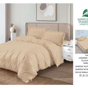 Lenjerie Pat Dublu din Damasc Finetat, 4 Piese cu Elastic, Model Dungat, Cappucino-V6093