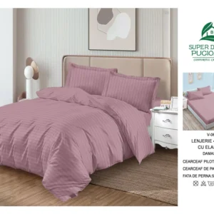 Lenjerie Pat Dublu din Damasc Finetat, 4 Piese cu Elastic, Model Dungat, Dusty Mauve-V6097