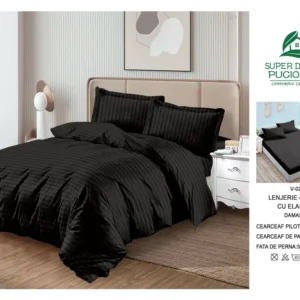 Lenjerie Pat Dublu din Damasc Finetat, 4 Piese cu Elastic, Model Dungat, Negru-V8288