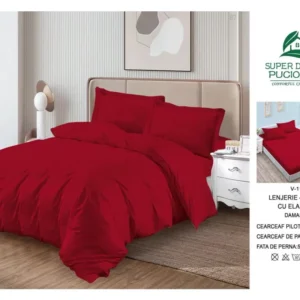 Lenjerie Pat Dublu din Damasc Finetat, 4 Piese cu Elastic, Model Dungat, Ruby Red-V6104