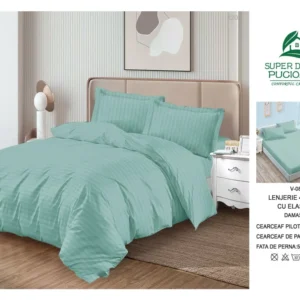 Lenjerie Pat Dublu din Damasc Finetat, 4 Piese cu Elastic, Model Dungat, Verde Menta-V8289