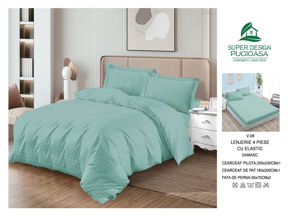 Lenjerie Pat Dublu din Damasc Finetat, 4 Piese cu Elastic, Model Dungat, Verde Menta-V8289