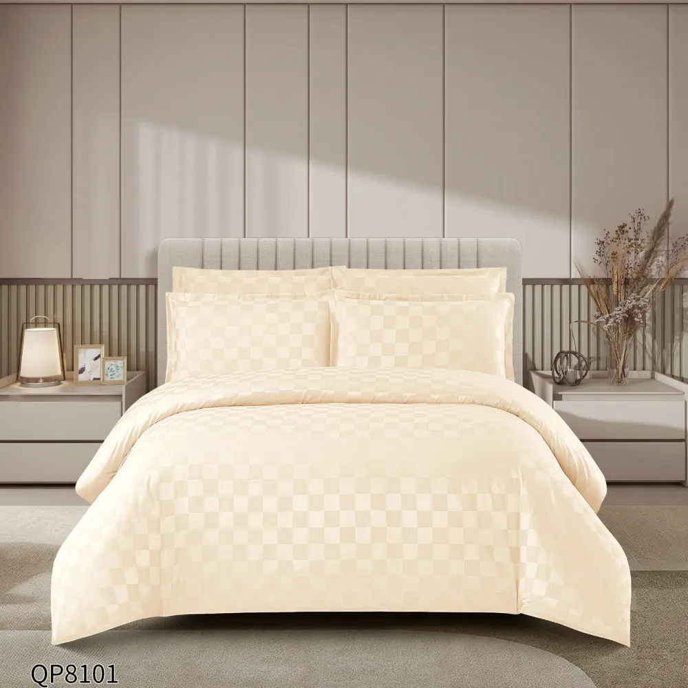 Lenjerie Pat Dublu din Damasc Finetat, 4 Piese cu Elastic, Crem-P8658