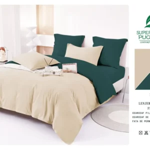Lenjerie Pat Dublu din Finet 6 Piese, Uni, Bicolor, Bej/Verde-V6455