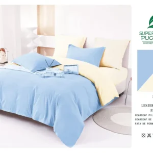 Lenjerie Pat Dublu din Finet 6 Piese, Uni, Bicolor, Bleu/Crem-V6456