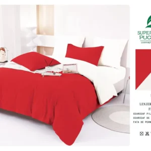 Lenjerie Pat Dublu din Finet 6 Piese, Uni, Bicolor, Rosu/Alb-V6460