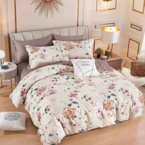 Lenjerie Pat Dublu din Finet, 6 Piese, cu Elastic, Crem/Flori-C6549