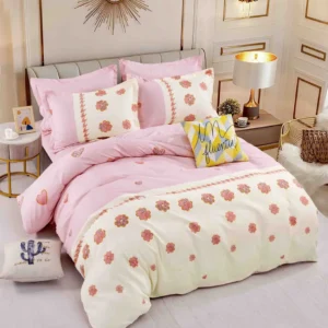 Lenjerie Pat Dublu din Finet, 6 Piese, cu Elastic, Roz/Crem/Flori-C8699