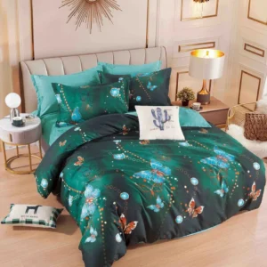 Lenjerie Pat Dublu din Finet, 6 Piese, cu Elastic, Verde/Fluturi-C6546